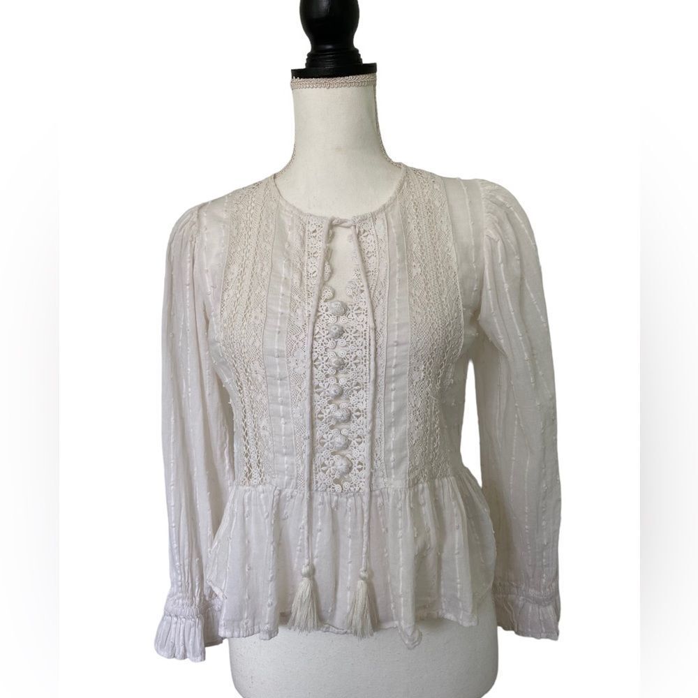 Zara White Lace Peplum Blouse with Tassel Tie